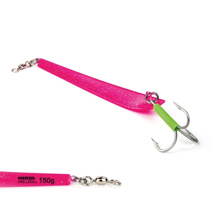 Bergmann Pilker - Pink Stardust - UV aktiv - 150 Gramm | Zum Angeln auf Dorsch und Heilbutt in Norwegen - Svenskepilk, Bananen Pilker, Dreikant Pilker