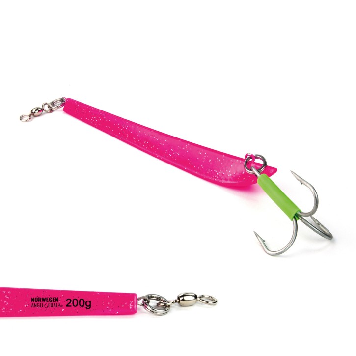 Bergmann Pilker - Pink Stardust - UV aktiv - 200 Gramm | Zum Angeln auf Dorsch und Heilbutt in Norwegen - Svenskepilk, Bananen Pilker, Dreikant Pilker