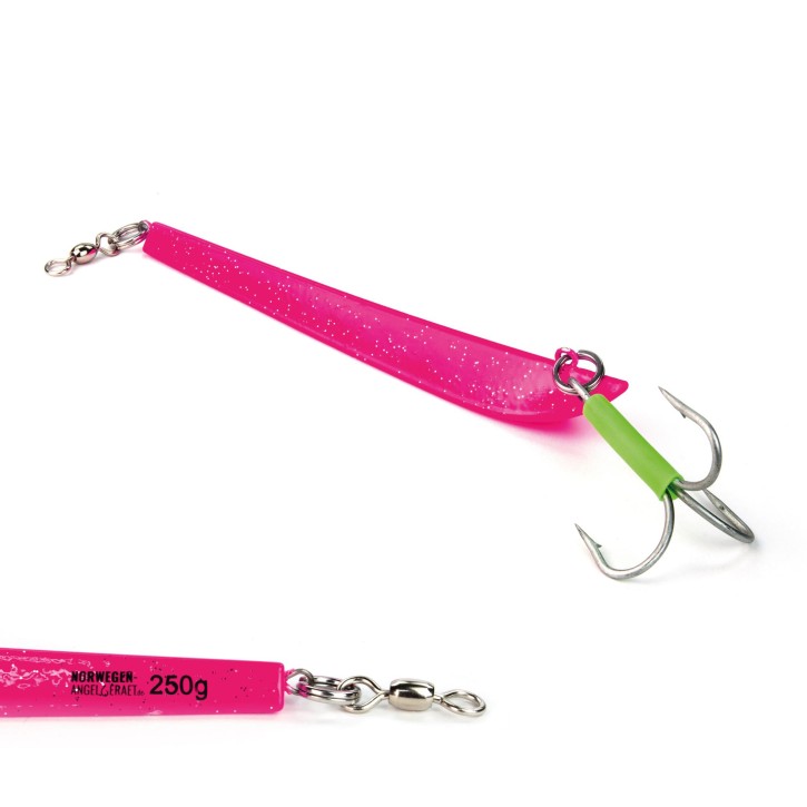 Bergmann Pilker - Pink Stardust - UV aktiv - 250 Gramm | Zum Angeln auf Dorsch und Heilbutt in Norwegen - Svenskepilk, Bananen Pilker, Dreikant Pilker