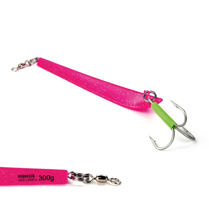 Bergmann Pilker - Pink Stardust - UV aktiv - 300 Gramm | Zum Angeln auf Dorsch und Heilbutt in Norwegen - Svenskepilk, Bananen Pilker, Dreikant Pilker