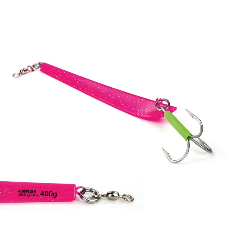 Bergmann Pilker - Pink Stardust - UV aktiv - 400 Gramm | Zum Angeln auf Dorsch und Heilbutt in Norwegen - Svenskepilk, Bananen Pilker, Dreikant Pilker