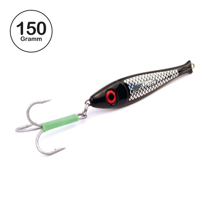 ProTack - Bullhead Slayer Pilker - Black Knight - Schwarz Silber - 150 Gramm | Ideal zum Angeln auf Dorsch, Köhler, Pollack und Heilbutt in Norwegen