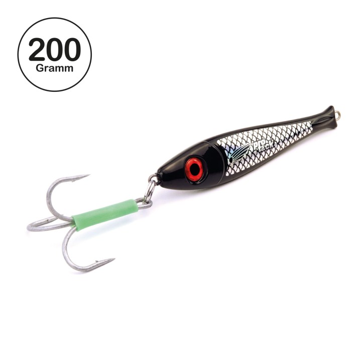 ProTack - Bullhead Slayer Pilker - Black Knight - Schwarz Silber - 200 Gramm | Ideal zum Angeln auf Dorsch, Köhler, Pollack und Heilbutt in Norwegen