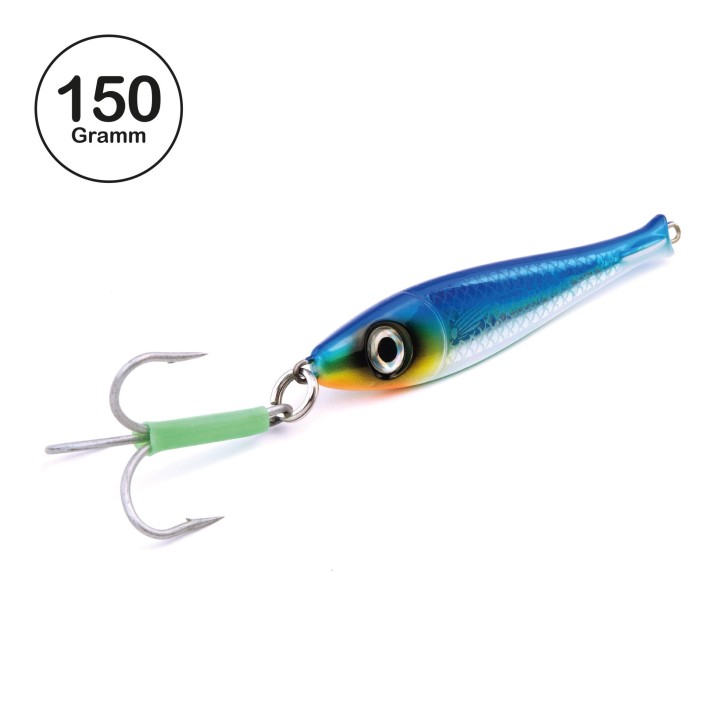 ProTack - Bullhead Slayer Pilker - Blau Silber - Glow Belly - 150 Gramm | Ideal zum Angeln auf Dorsch, Köhler, Pollack und Heilbutt in Norwegen