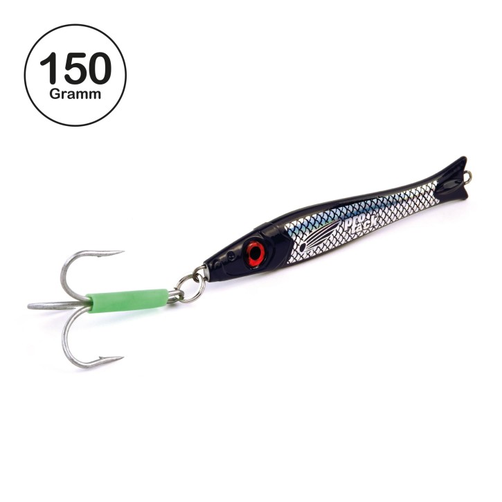 Pro Tack - Pro Slayer Pilker - Black Knight - Schwarz Silber - 150 Gramm | Perfekt zum Angeln auf Dorsch, Köhler, Pollack und Heilbutt in Norwegen