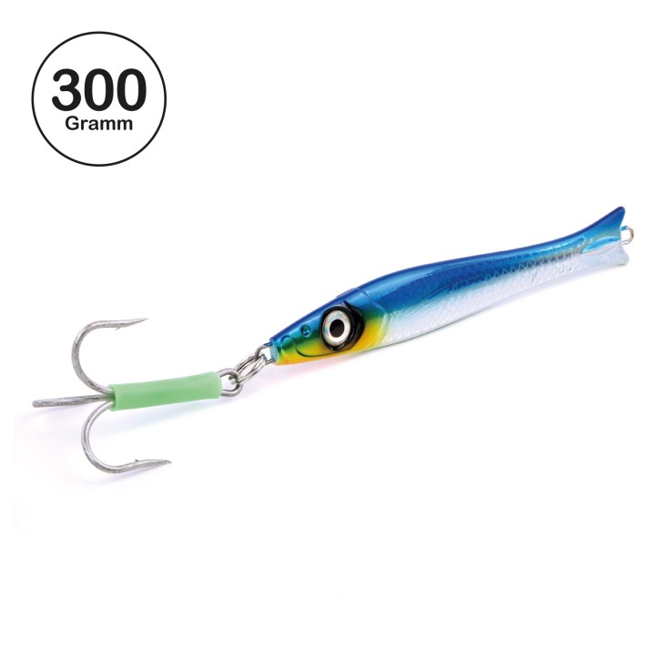 Pro Tack - Pro Slayer Pilker - Blau Silber - Glow Belly - 300 Gramm | Perfekt zum Angeln auf Dorsch, Köhler, Pollack und Heilbutt in Norwegen