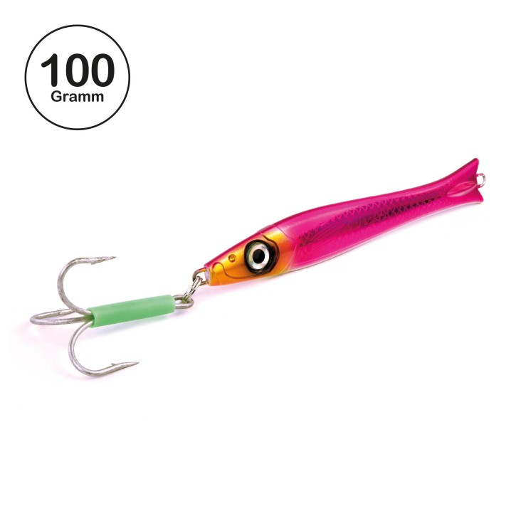 Pro Tack - Pro Slayer Pilker - Pink Silber - Glow Belly - 100 Gramm | Perfekt zum Angeln auf Dorsch, Köhler, Pollack und Heilbutt in Norwegen