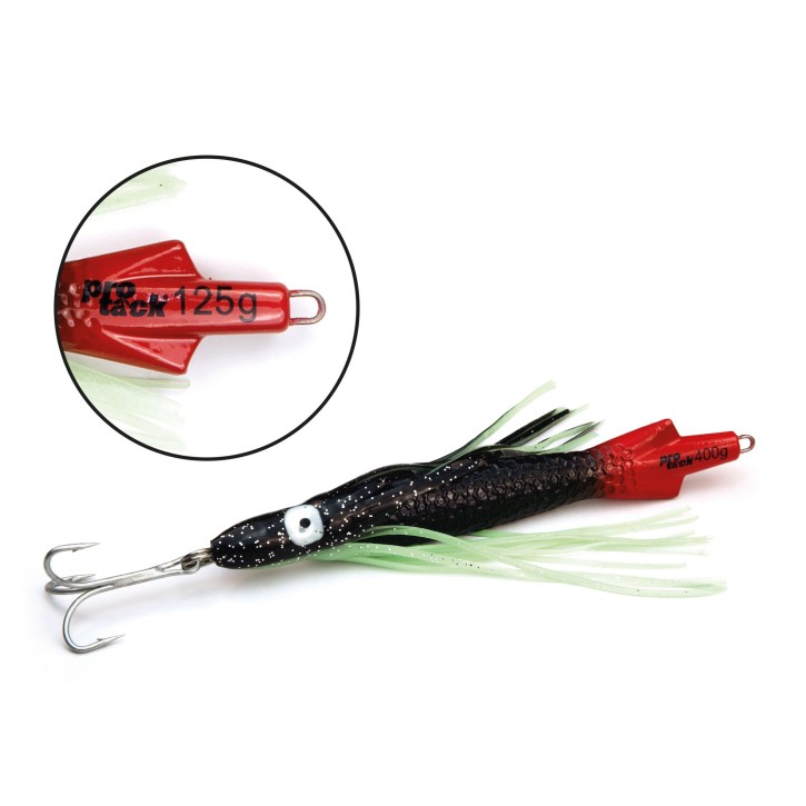 ProTack - Squid Pilk - Schwarz-Rot - 125 Gramm - Klassiker für Dorsch, Köhler und Heilbutt in Norwegen und Island – Calamar Pilker, Calmar Pilker