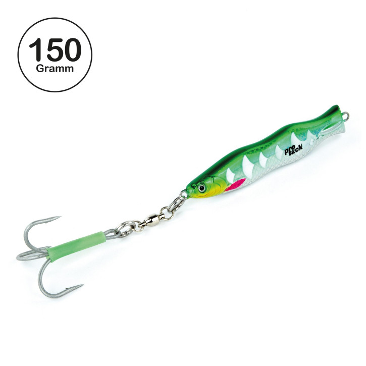 ProTack - Evo S-Jigger Pilker - UV Grün Silber - Glow Scale - 150 Gramm| Klassiker zum Angeln auf Heilbutt, Dorsch und Köhler in Norwegen