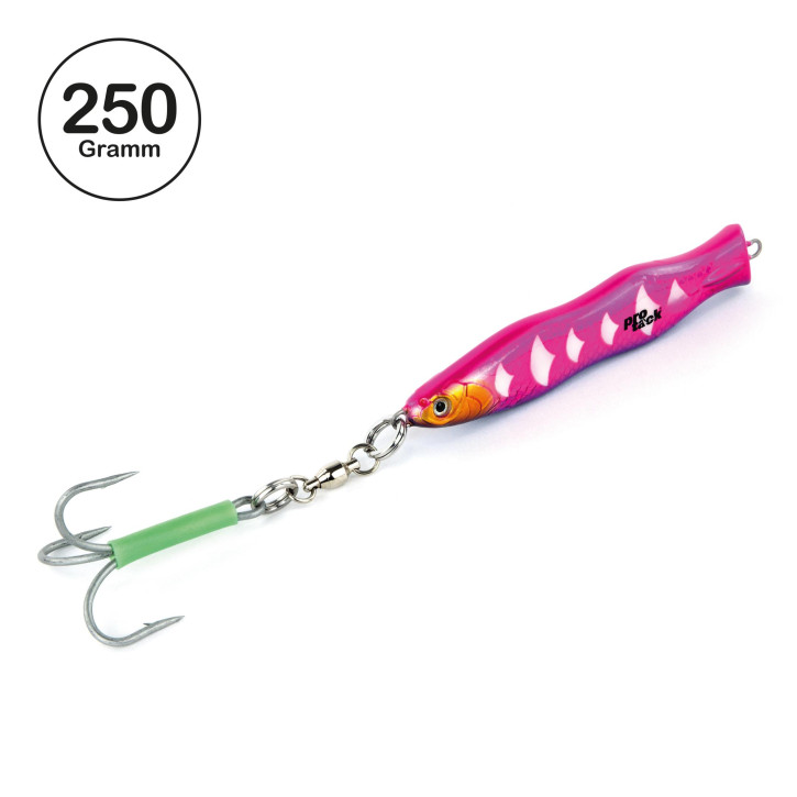 ProTack - Evo S-Jigger Pilker - UV Pink Silber - Glow Scale - 250 Gramm| Klassiker zum Angeln auf Heilbutt, Dorsch und Köhler in Norwegen