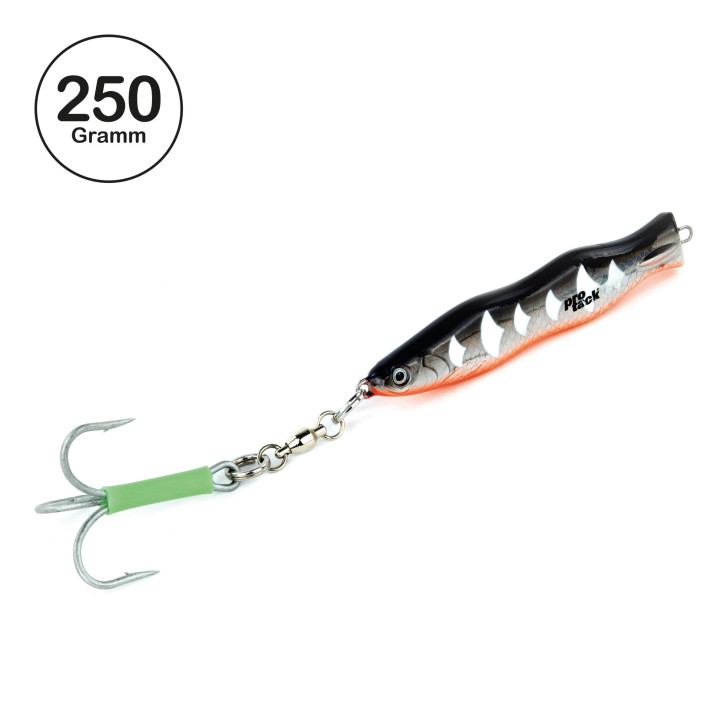ProTack - Evo S-Jigger Pilker - UV Schwarz Silber Orange - Glow Scale - 250 Gramm| Klassiker zum Angeln auf Heilbutt, Dorsch und Köhler in Norwegen