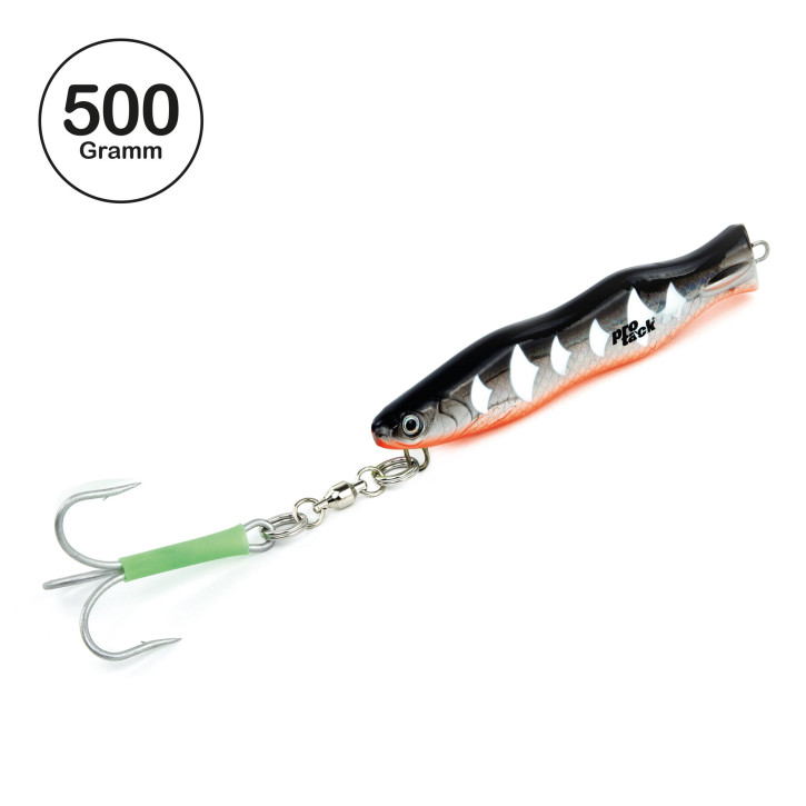 ProTack - Evo S-Jigger Pilker - UV Schwarz Silber Orange - Glow Scale - 500 Gramm| Klassiker zum Angeln auf Heilbutt, Dorsch und Köhler in Norwegen