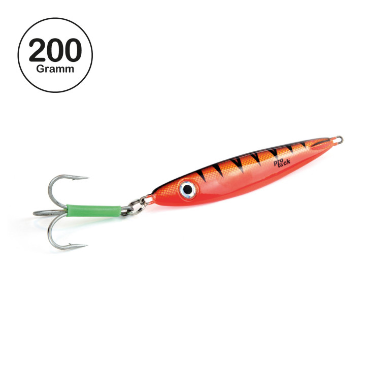 ProTack - Giddy Slayer Pilker - Orange UV Tiger - 200 Gramm | Meeresköder für das Angeln auf Heilbutt, Dorsch & Köhler in Norwegen & Island