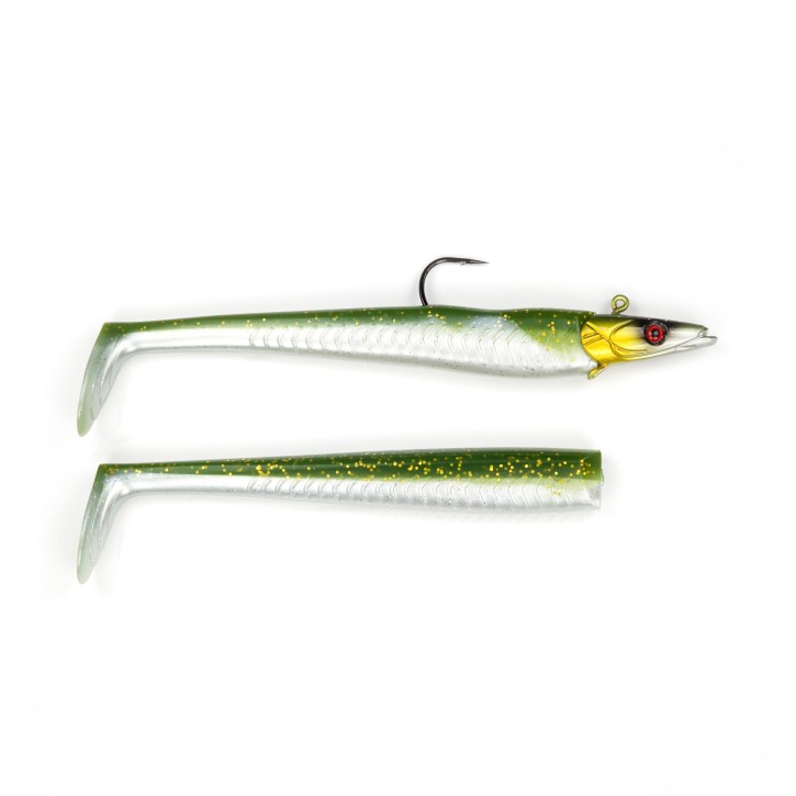 Sandy Sandeel Pro Shad - Green Pearl Silver - 65 Gramm inkl. Ersatzkörper | Sandaal Gummifisch, Meeresköder für Norwegen – von norwegen-angelgeraet.de