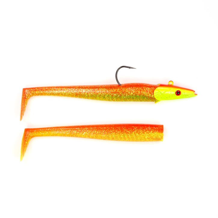 Sandy Sandeel Pro Shad - Orange Yellow - 90 Gramm inkl. Ersatzkörper | Sandaal Gummifisch, Meeresköder für Norwegen – von norwegen-angelgeraet.de